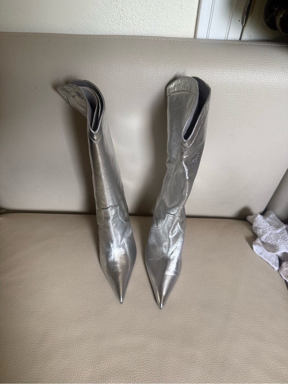 RAYE Metallic Silver Pointed-Toe Mid-Calf Boots